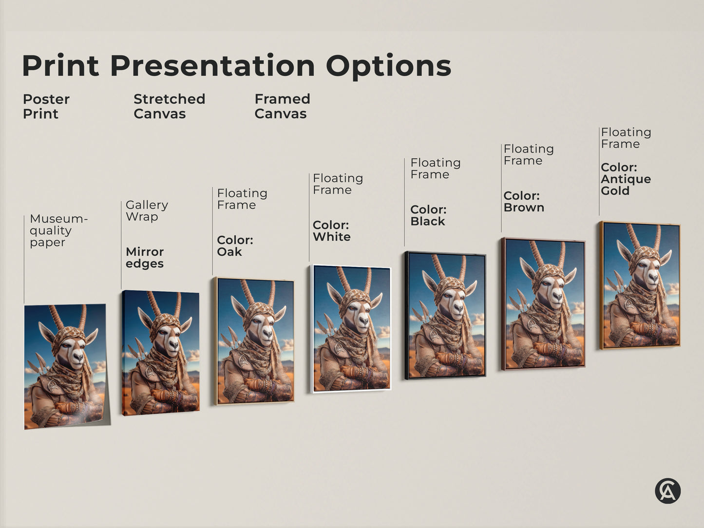 Various print presentation options. Tribal gazelle available as a poster print and a stretched canvas. Different frame colors available. Black brown oak white and antique gold frames. Ready to hang in any space.