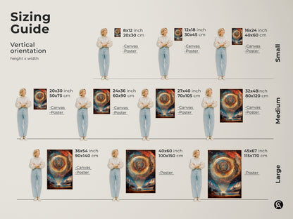 Explore our sizing guide for vertical abstract art orientation. See how various sizes fit with models from small 8x12 inch to large 45x67 inch. Choose between canvas or poster prints to suit your decor needs. Perfect for visualizing your space exploration wall art selection.