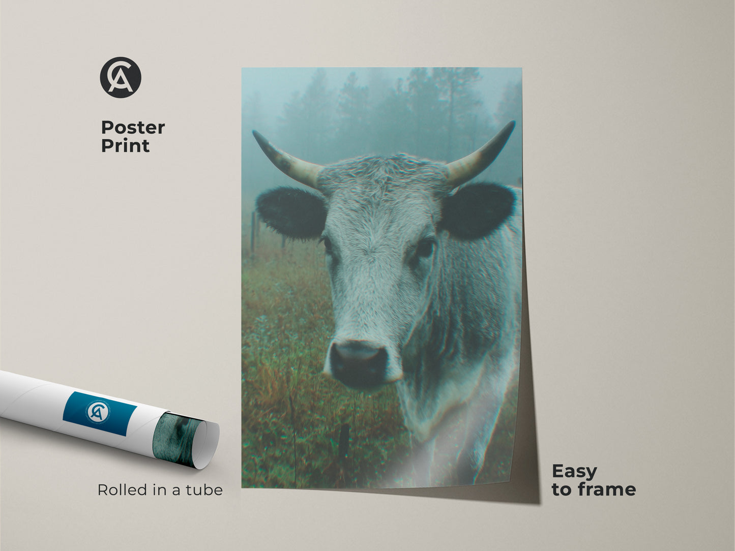 Poster print of a cow standing in a misty field. The artwork is rolled in a tube for easy framing. This poster print brings a serene rural atmosphere to your space.