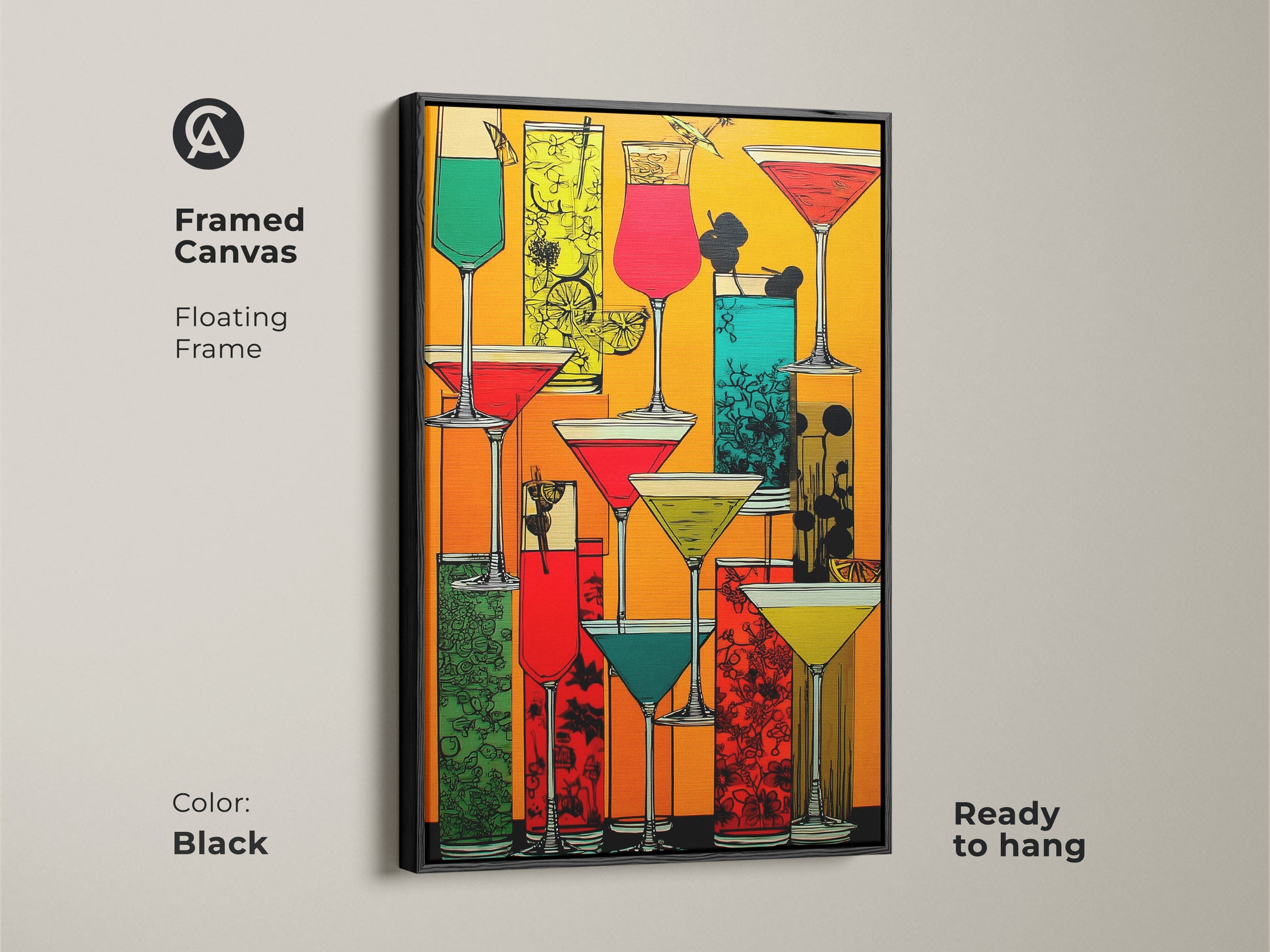 A framed canvas displays retro cocktail artwork. The floating frame adds a stylish touch. The modern folk art print features an eclectic bar area decor. The black frame enhances the orange yellow and red hues. It is a ready to hang piece of abstract martini art.