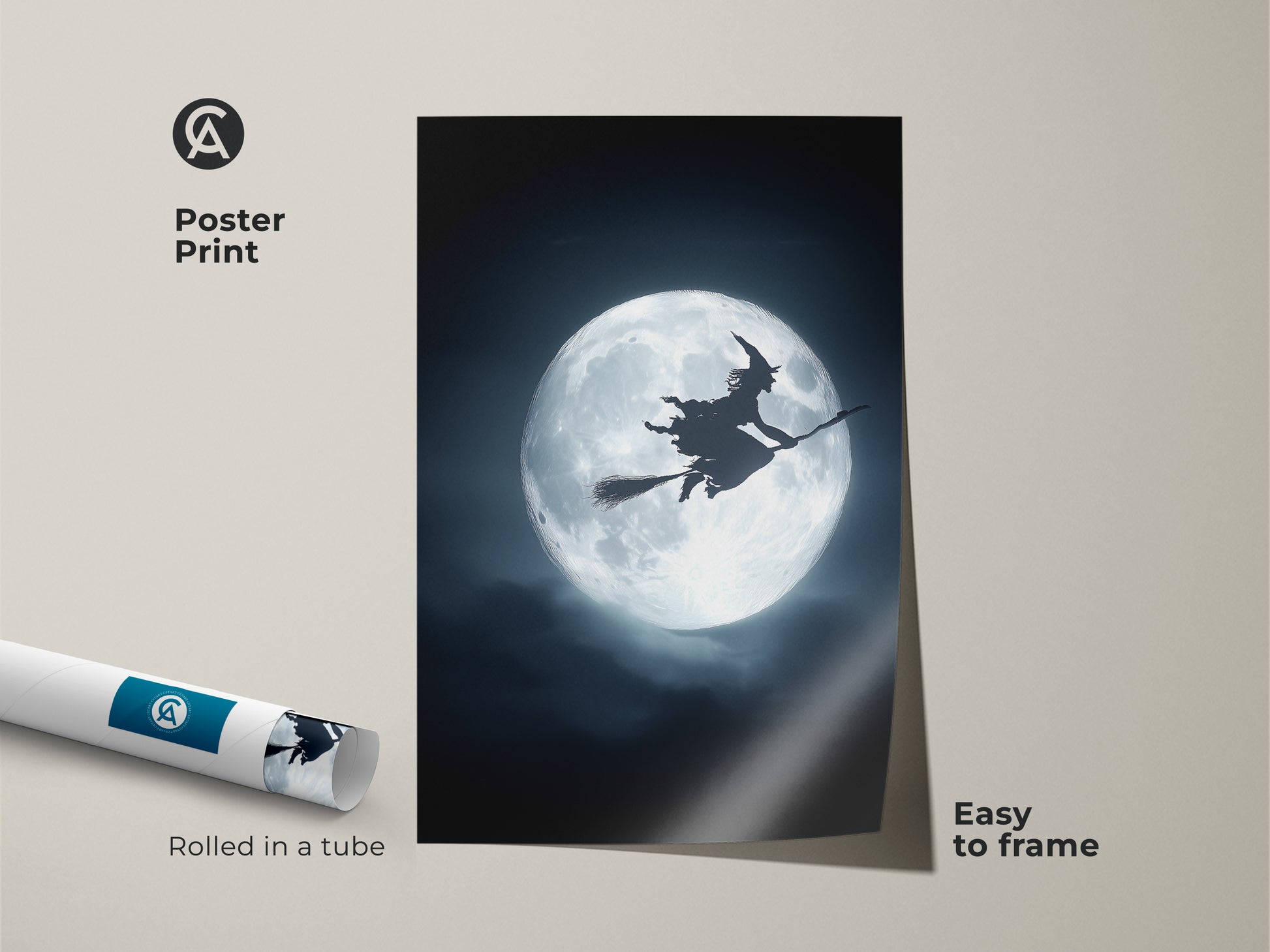 Poster print of a witch flying across the moon. This gothic witch wall art is perfect Halloween witchcraft decor. The eclectic fantasy art features dark blue and silver tones. Easy to frame for a witchy aesthetic.
