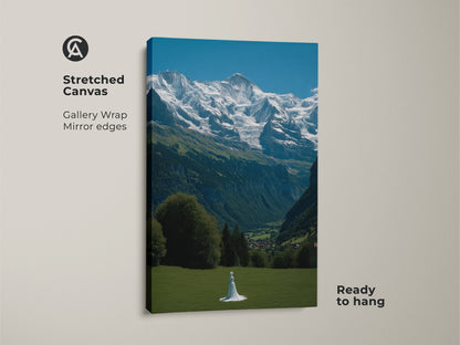 Bring the grandeur of the Swiss Alps to your walls with this stunning canvas print. It features a solitary woman in a lush meadow. Snow-covered peaks create a breathtaking backdrop. This travel nature artwork is ready to hang with mirror edges. It’s a perfect piece for Scandinavian home decor adding modern nature to any room. Explore alpine beauty today