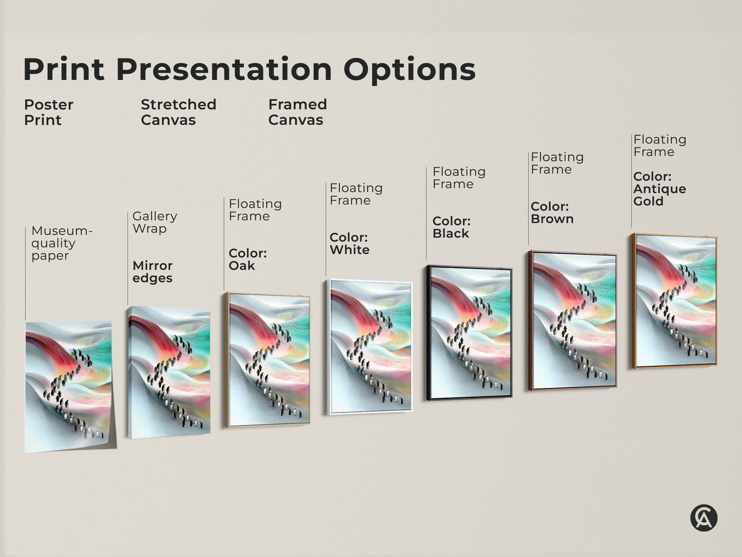 Explore print presentation options poster prints stretched canvases and framed canvases. Each showcases abstract penguin artwork. Discover museum quality paper gallery wraps and floating frames in colors like black brown oak and white. Find the perfect match for your style.