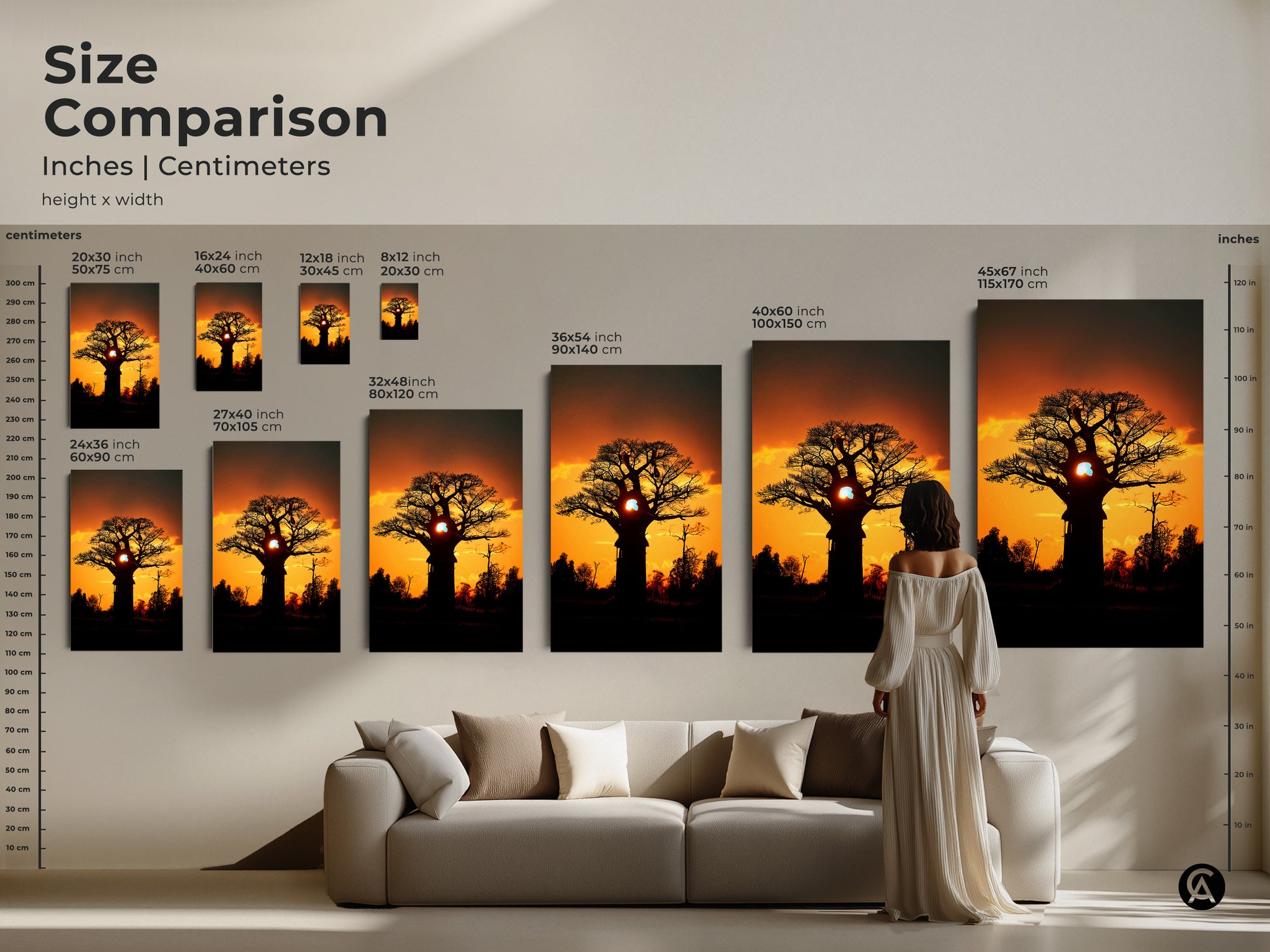 Size comparison of silhouetted baobab tree artwork in inches and centimeters. See how the art fits above a sofa. Available in sizes from 20x30 to 45x67 inches. Perfect modern eclectic art for any home. This african sunset baobab tree art makes a statement.