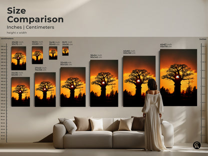 Size comparison of silhouetted baobab tree artwork in inches and centimeters. See how the art fits above a sofa. Available in sizes from 20x30 to 45x67 inches. Perfect modern eclectic art for any home. This african sunset baobab tree art makes a statement.