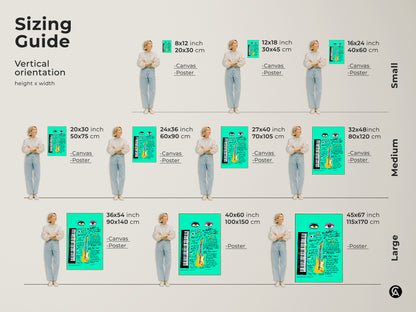 Sizing guide showcases teal guitar Pop Art in various vertical dimensions on canvas and poster. Find the perfect fit for your space with small medium and large options to enhance your decor.