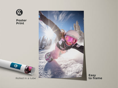 Poster print of snowboard action art. This dynamic winter sports print is easy to frame. The rolled poster features a snowboarder carving through snow. Perfect wall art for winter sports enthusiasts.