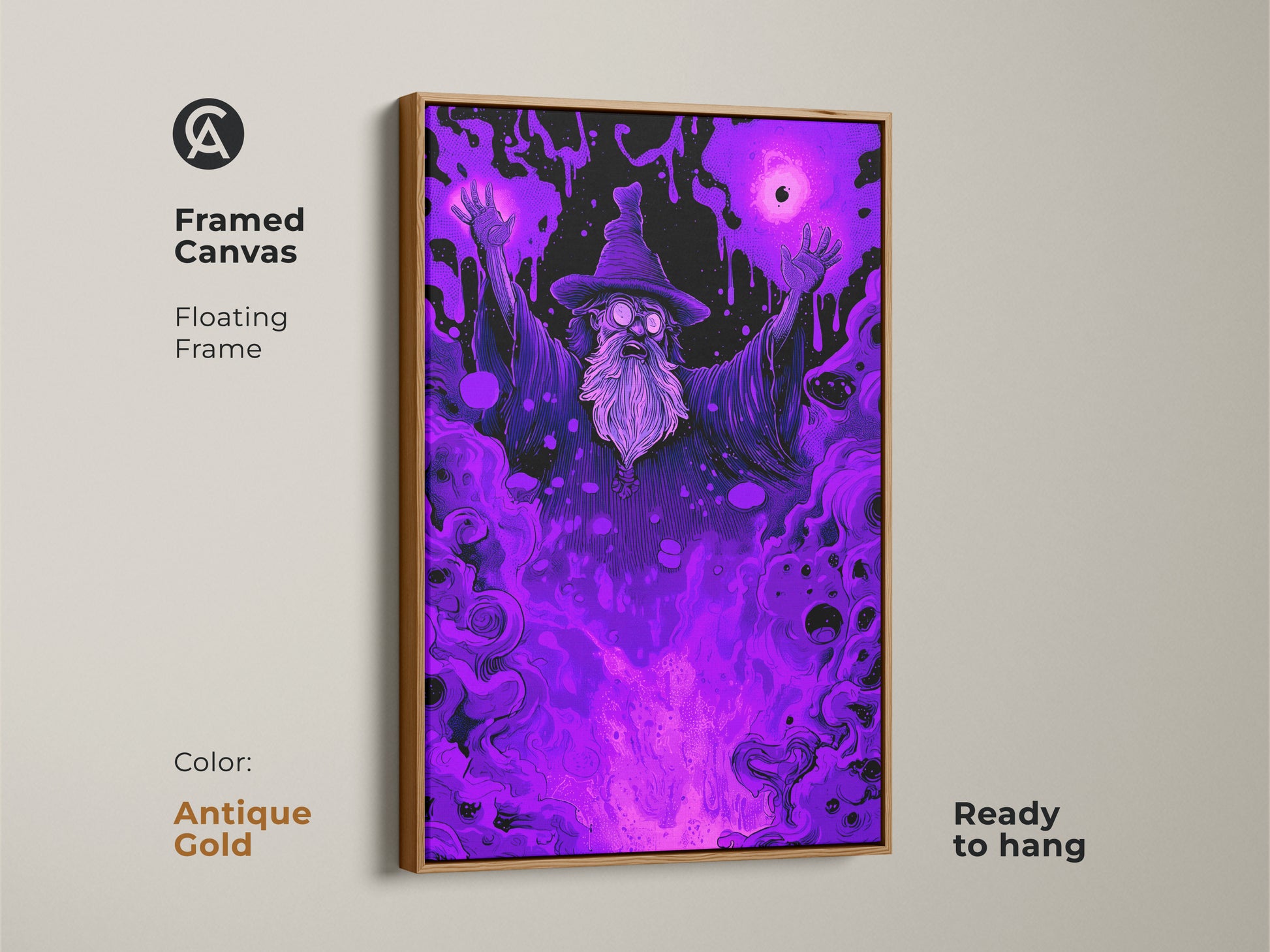 Antique gold framed canvas of a wizard art piece. The floating frame highlights the mystical artwork. Ready to hang this fantasy art adds elegance to your decor. Perfect for art collectors.
