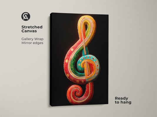 A gallery wrapped stretched canvas displays colorful musical note wall art. It's ready to hang for musician gift ideas. The mirror edges add to this abstract treble clef artwork