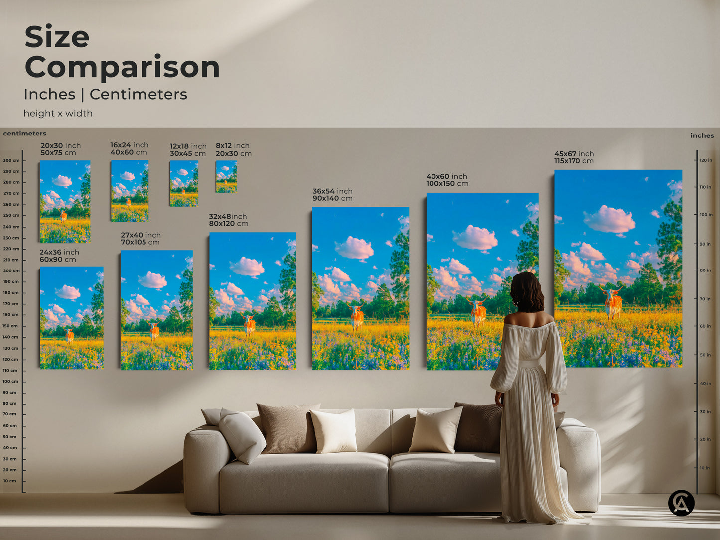Size comparison of Longhorn cow artwork in inches and centimeters. See how each print size fits above a couch. Visualize the impact of different art sizes on your wall. Shop now and transform your living space.