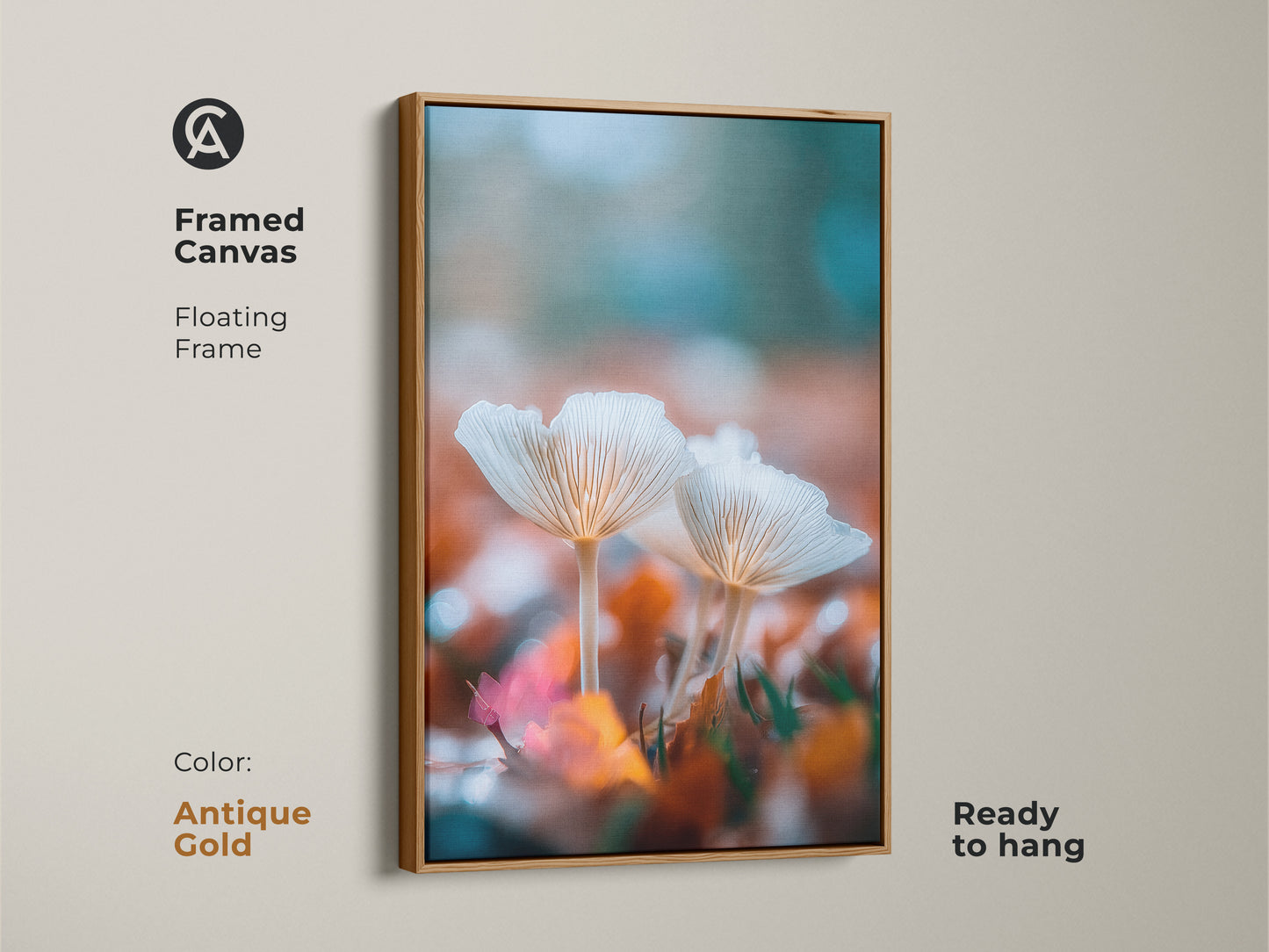 Antique gold framed canvas art featuring white mushrooms. This nature-inspired artwork is ready to hang. The floating frame adds a touch of elegance. This canvas print enhances any interior aesthetic. It is a beautiful piece.