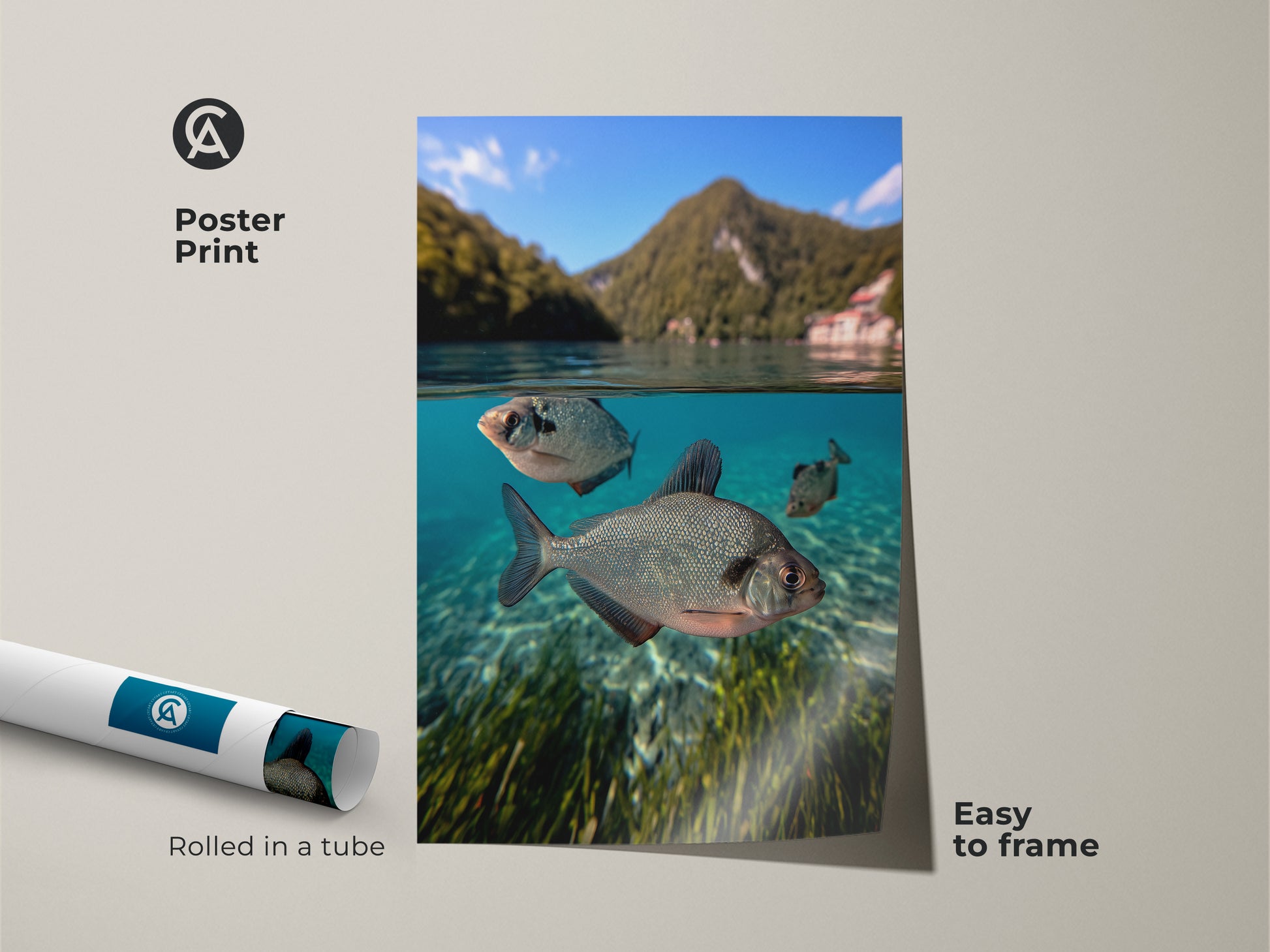 Poster Print of underwater fish. It shows a lake scene with coastal nature. This blue green animal artwork is easy to frame. A unique fishing gift wall decor. Rolled in a tube for protection. Perfect for any angler.