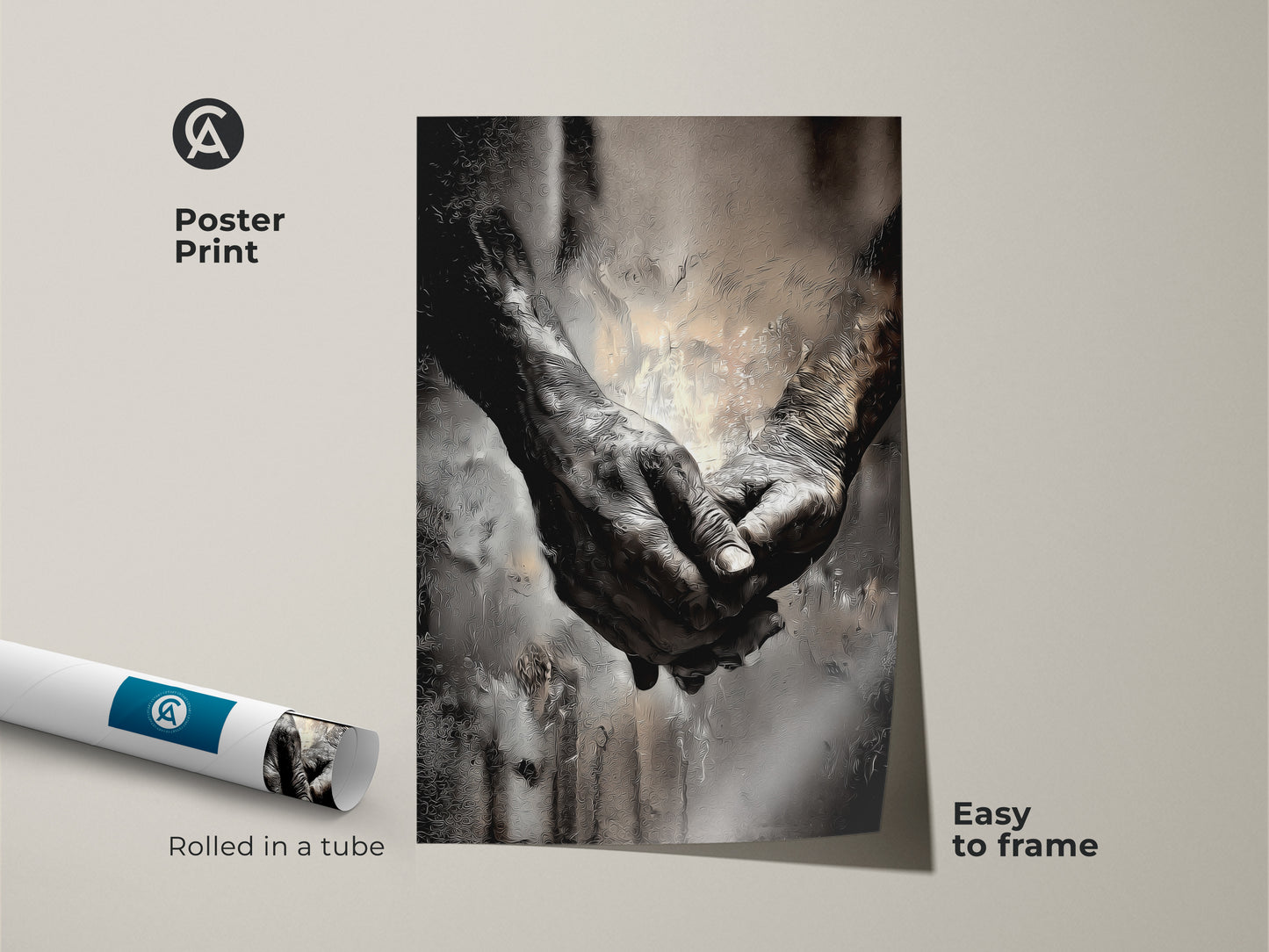 Monochrome abstract art print featuring elderly hands. This poster print is rolled in a tube for easy framing. Expressive artwork symbolizing human connection and empathy. A gift for couples