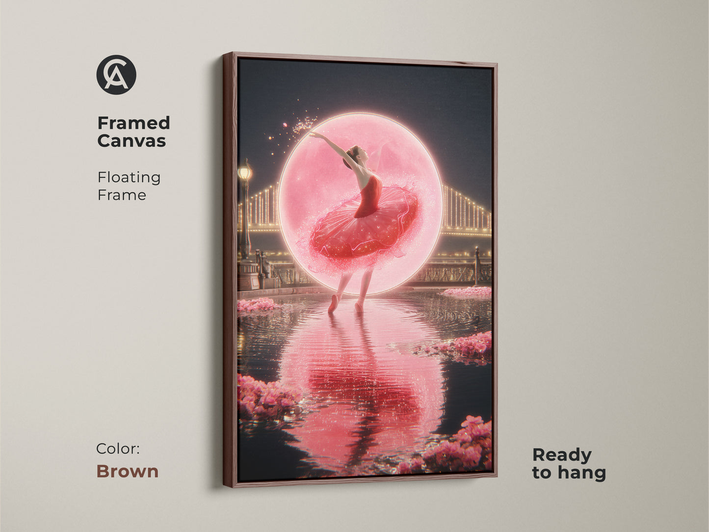 Brown framed canvas featuring a fantasy ballet dancer print. This romantic cityscape wall art is ready to hang. Pink ballerina canvas art adds dreamy bedroom decor. Contemporary dance art as a fine art canvas print. A magical ballerina poster.