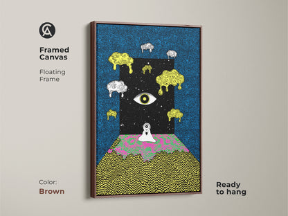 Framed canvas surreal eye artwork creating a mesmerizing portal to a cosmic realm. This psychedelic abstract art combines blue black and melting yellow hues. A lone figure stands before a trippy landscape. The brown floating frame artwork is perfect for eclectic wall decor offering depth and intrigue
