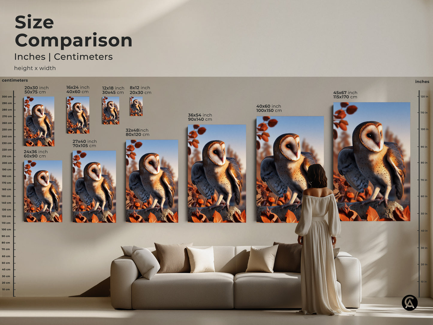 Size comparison of barn owl art prints in inches and centimeters. Visualize how each size fits above your couch. This rustic nature decor adds beauty to any room. Choose the perfect autumn leaves wall art for your space. Find the ideal gift for bird enthusiasts.
