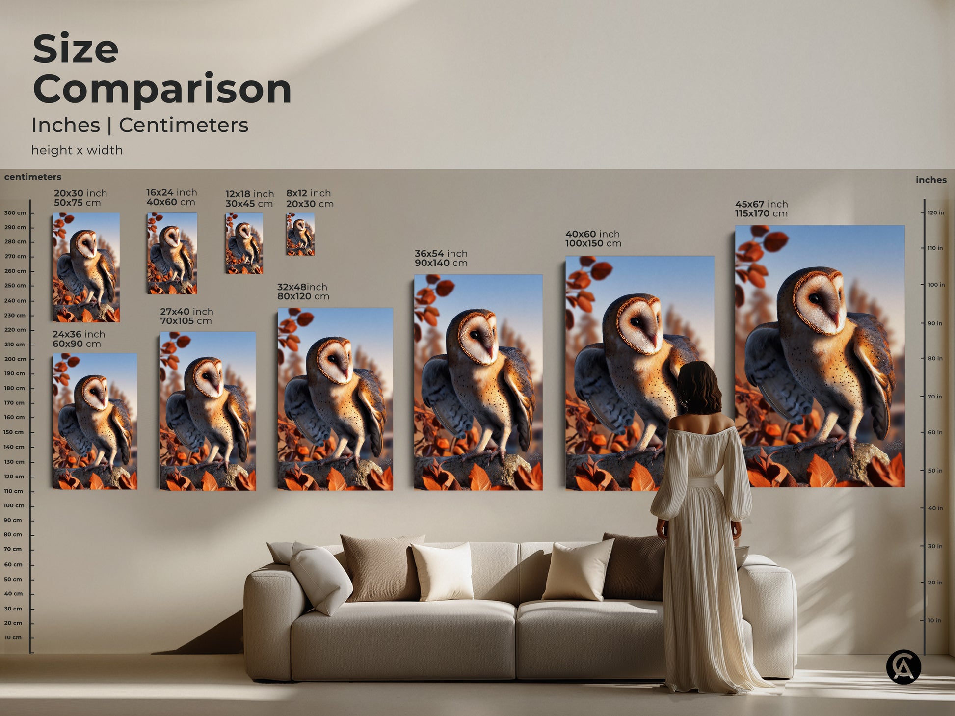 Size comparison of barn owl art prints in inches and centimeters. Visualize how each size fits above your couch. This rustic nature decor adds beauty to any room. Choose the perfect autumn leaves wall art for your space. Find the ideal gift for bird enthusiasts.