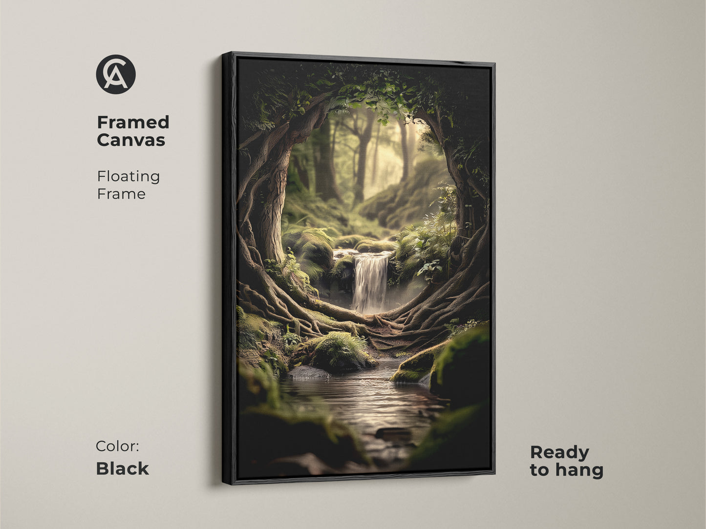 Black framed canvas features a floating frame and a moss green forest scene. The framed fantasy nature artwork is ready to hang. This digital painting offers biophilic home decor.