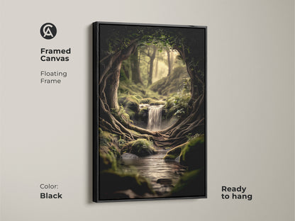 Black framed canvas features a floating frame and a moss green forest scene. The framed fantasy nature artwork is ready to hang. This digital painting offers biophilic home decor.