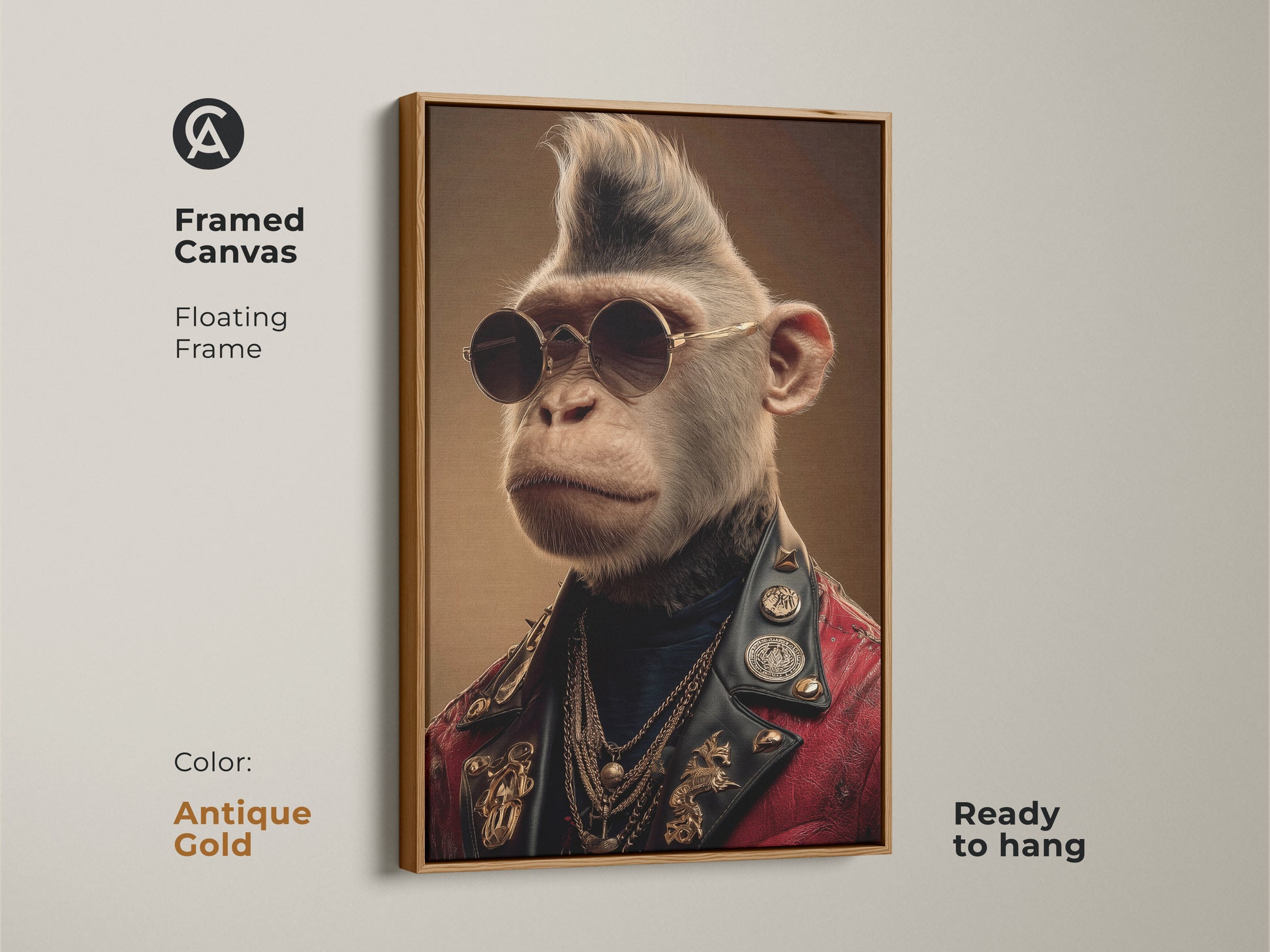 Framed canvas showcasing a punk rock monkey with an antique gold floating frame. This animal art print is ready to hang. Perfect eclectic wall hanging for a study or office.