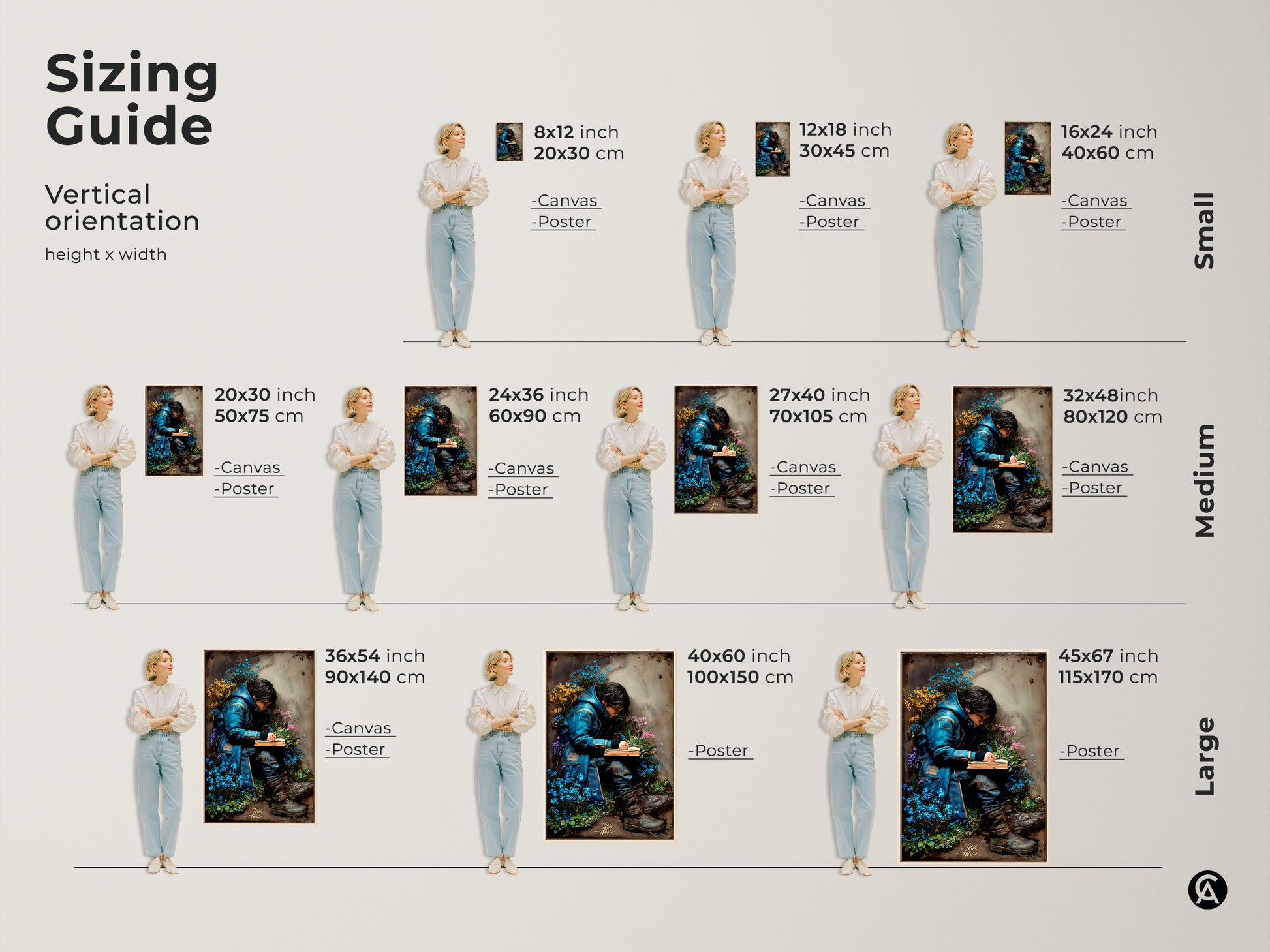 Sizing guide for vertical orientation wall art. Find the perfect size for surreal art prints. Sizes range from small to large in canvas and poster options. Featuring a young man reading among forget-me-nots. Enhance your dark academia or eclectic home decor with this unique piece.