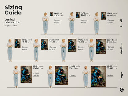 Sizing guide for vertical orientation wall art. Find the perfect size for surreal art prints. Sizes range from small to large in canvas and poster options. Featuring a young man reading among forget-me-nots. Enhance your dark academia or eclectic home decor with this unique piece.