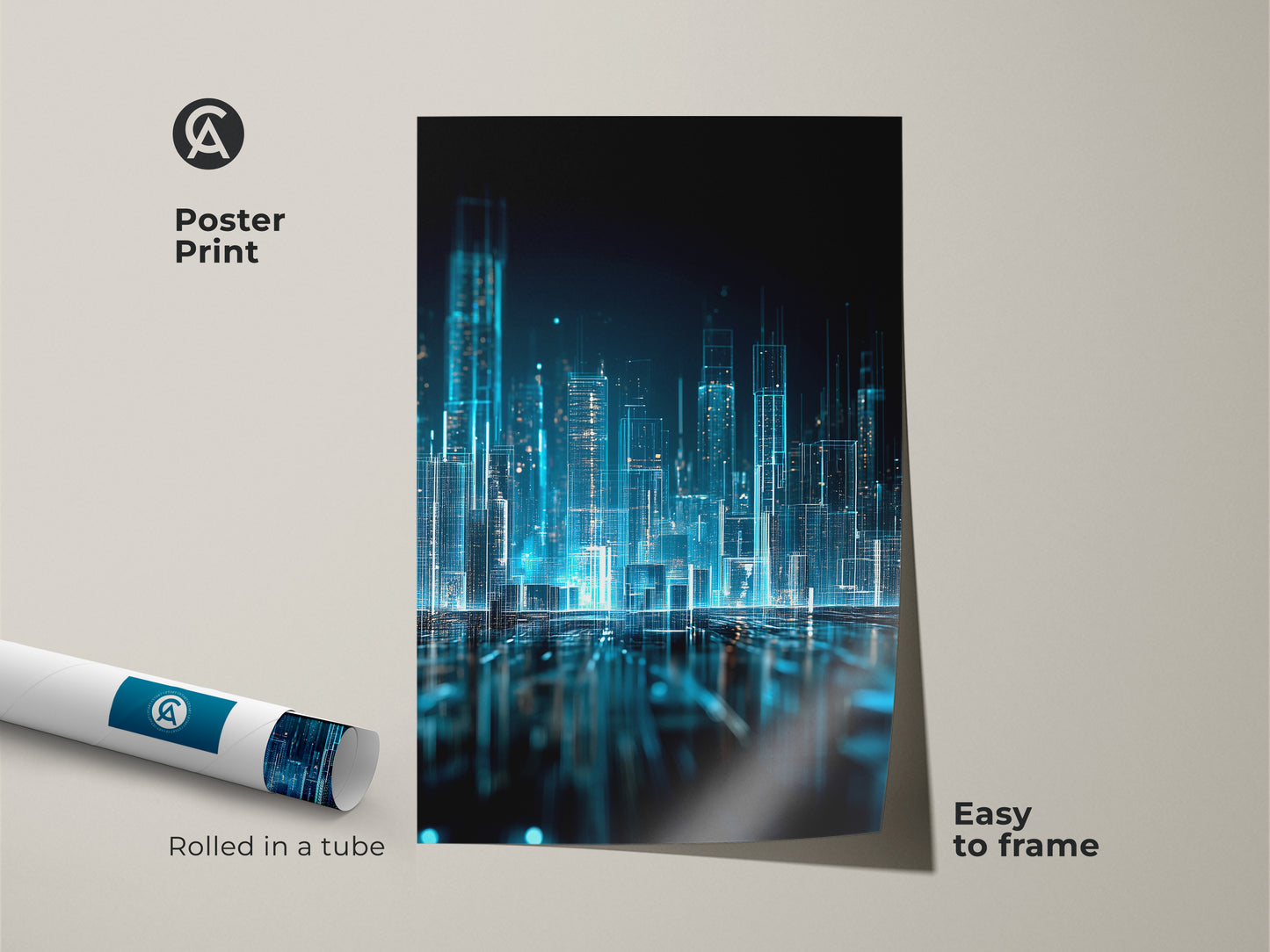 Poster print of digital city art. This artwork is a blue glowing cityscape. The art features a modern city. The poster print is easy to frame. The print is rolled in a tube.