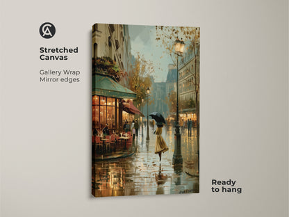 Stretched canvas print of a rainy day in Paris. This gallery wrapped canvas shows a mirror edge. The impressionist cityscape artwork features a Parisian cafe and a woman with an umbrella. This ready to hang contemporary art is perfect for adding European charm to your residential wall decor.