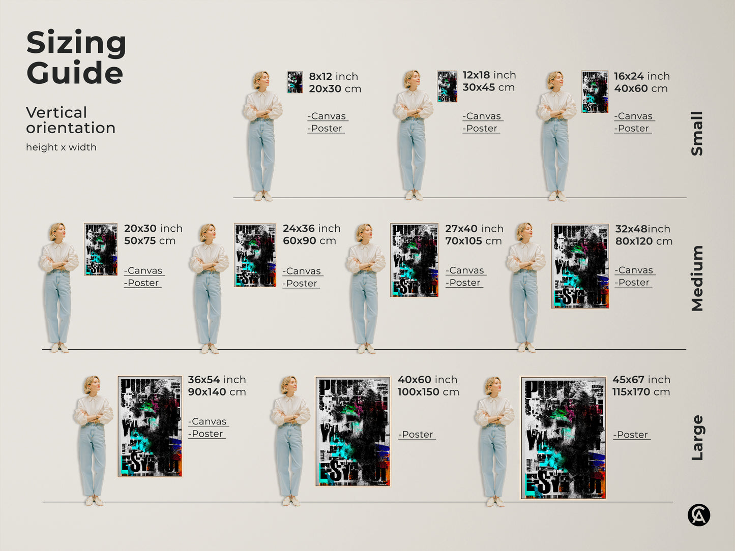 Sizing guide for vertical abstract face artwork. Canvas and poster print sizes range from small to large. The glitch art collage features black white and green tones. See how each size fits in a living space. Find the ideal art for your home decor.