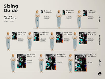 Sizing guide for vertical abstract face artwork. Canvas and poster print sizes range from small to large. The glitch art collage features black white and green tones. See how each size fits in a living space. Find the ideal art for your home decor.