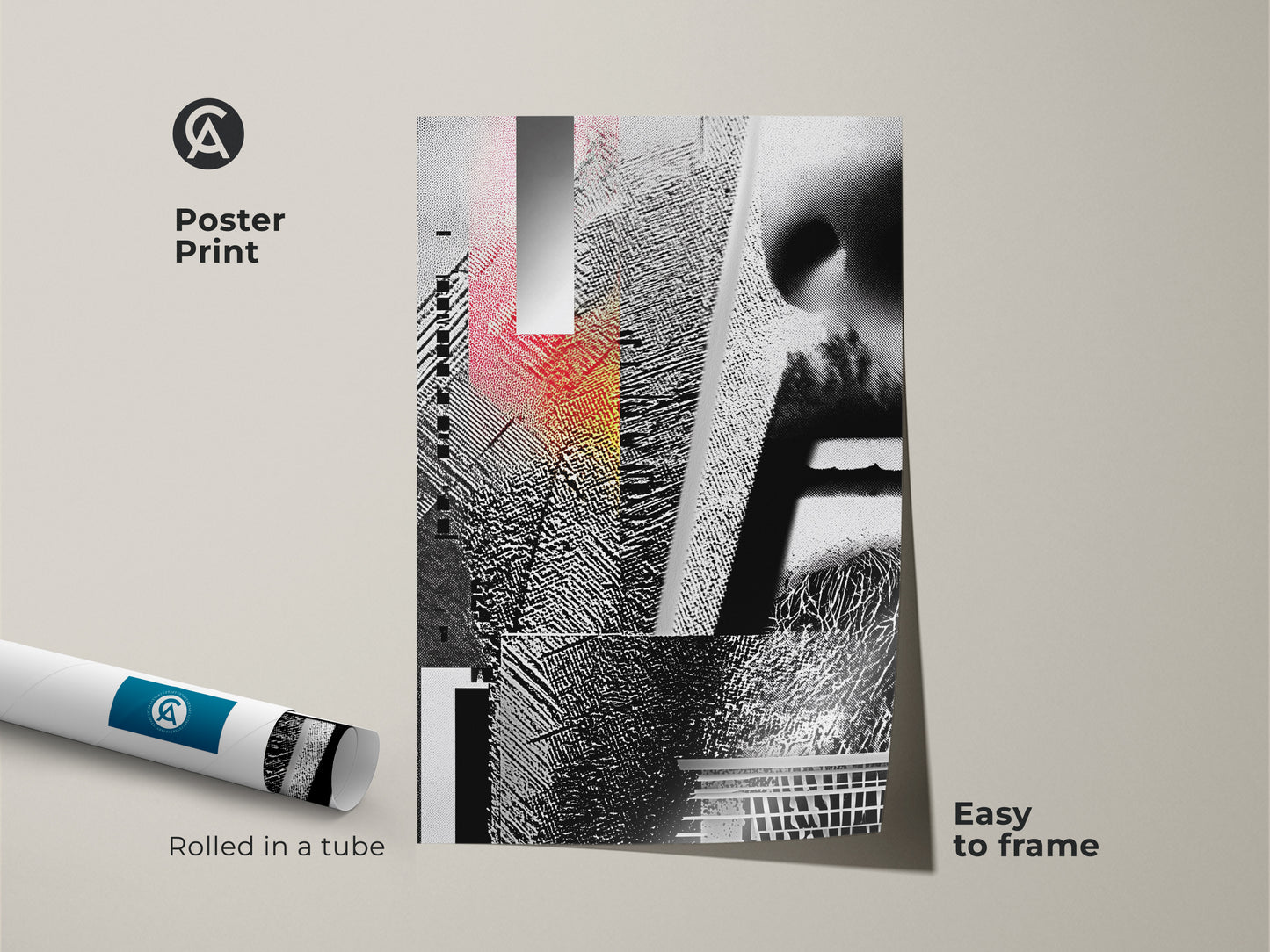 Poster Print of a Glitch Art Canvas rolled in a tube. This abstract geometric face collage features black white and red mixed media. It is an easy to frame piece perfect for modern offices. A unique office wall hanging.