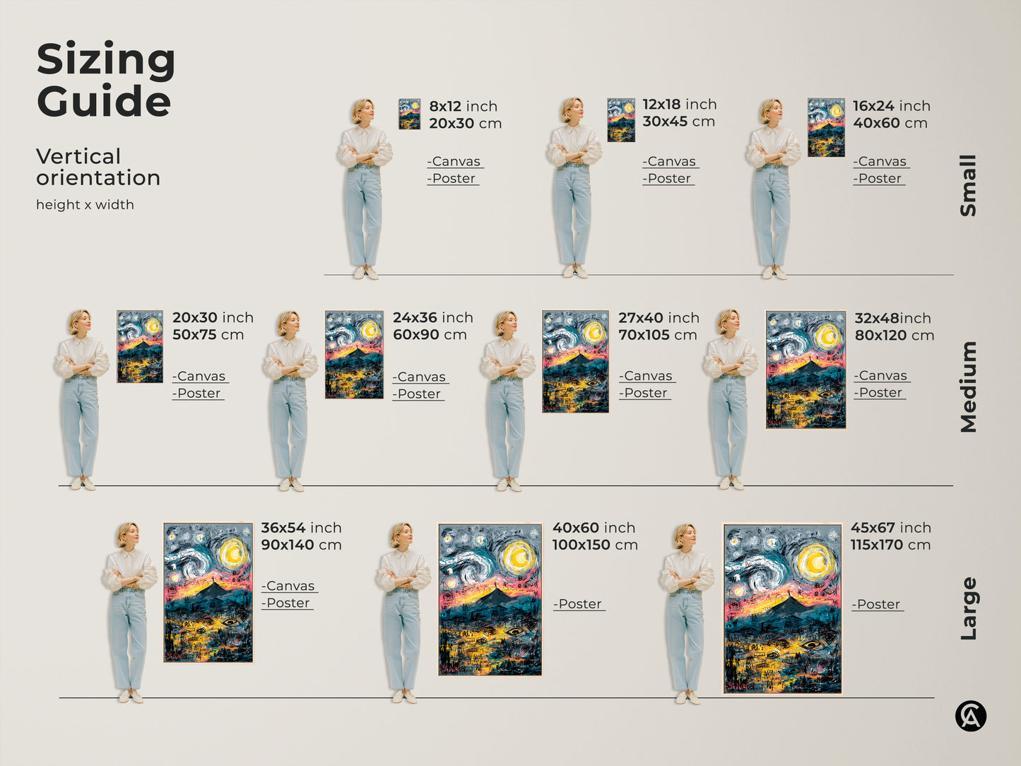 Sizing guide for vertical art prints. The artwork features a mountain under a starry sky. Available in small medium and large sizes. Shop canvas and poster art prints in various sizes.