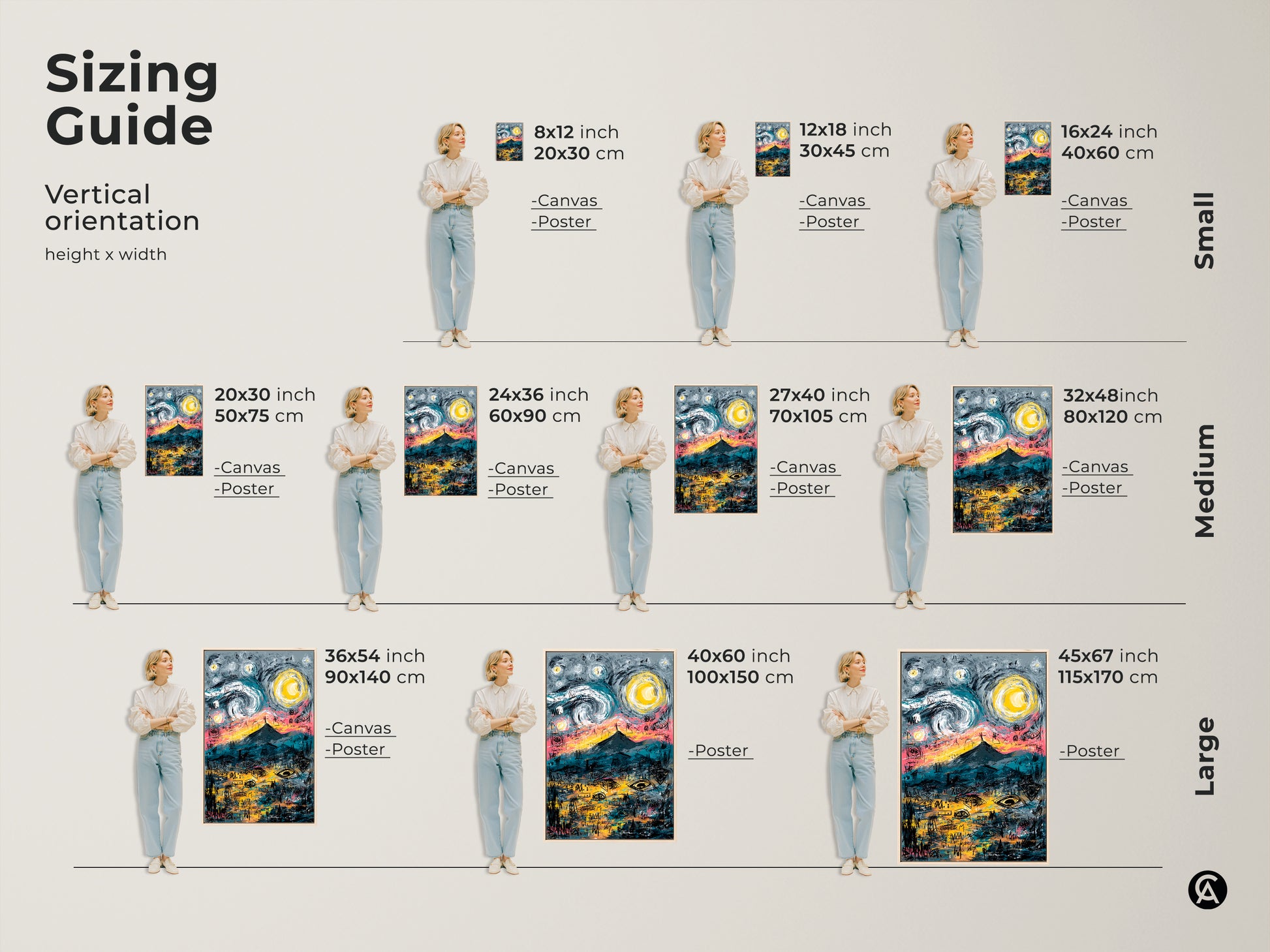 Sizing guide for vertical art prints. The artwork features a mountain under a starry sky. Available in small medium and large sizes. Shop canvas and poster art prints in various sizes.