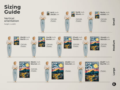 Sizing guide for vertical art prints. The artwork features a mountain under a starry sky. Available in small medium and large sizes. Shop canvas and poster art prints in various sizes.