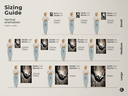Sizing guide for vertical monochrome elderly hands art. Available as canvas or poster in sizes from 8x12 to 45x67 inches. Perfect expressive artwork for bedroom wall decor.