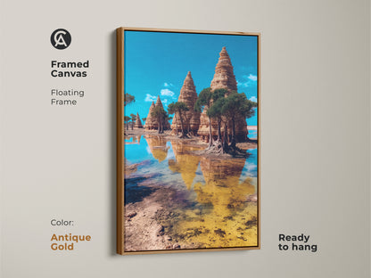 The antique gold framed canvas displays surreal temple landscape art. This eclectic wall art print echoes Art Nouveau travel themes. Its blue brown and yellow tones make a worldly home accent. The floating frame art makes a unique housewarming gift.
