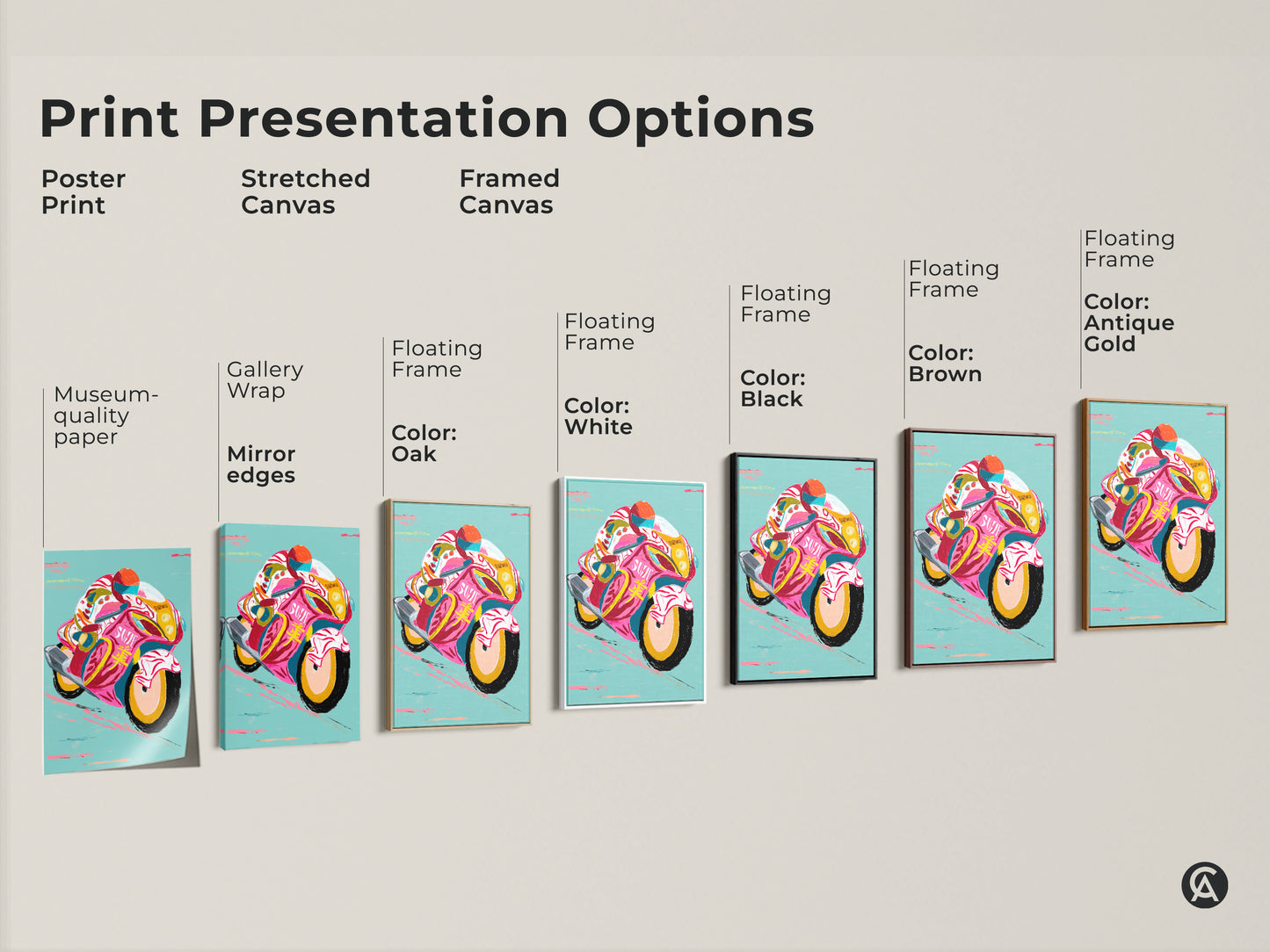 Explore print presentation options for motorcycle artwork including poster prints stretched canvas and framed canvas. Select the ideal wall decor to reflect your unique style and decor aesthetic.