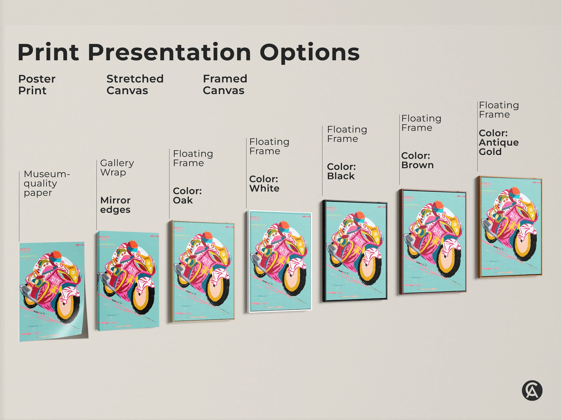 Explore print presentation options for motorcycle artwork including poster prints stretched canvas and framed canvas. Select the ideal wall decor to reflect your unique style and decor aesthetic.