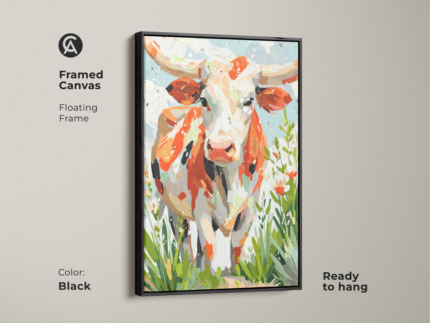 Framed canvas presents a striking longhorn cow art piece. The floating frame adds a touch of elegance. The art combines orange white and cream shades. Green details enrich the scene. Ready to hang in black frame.