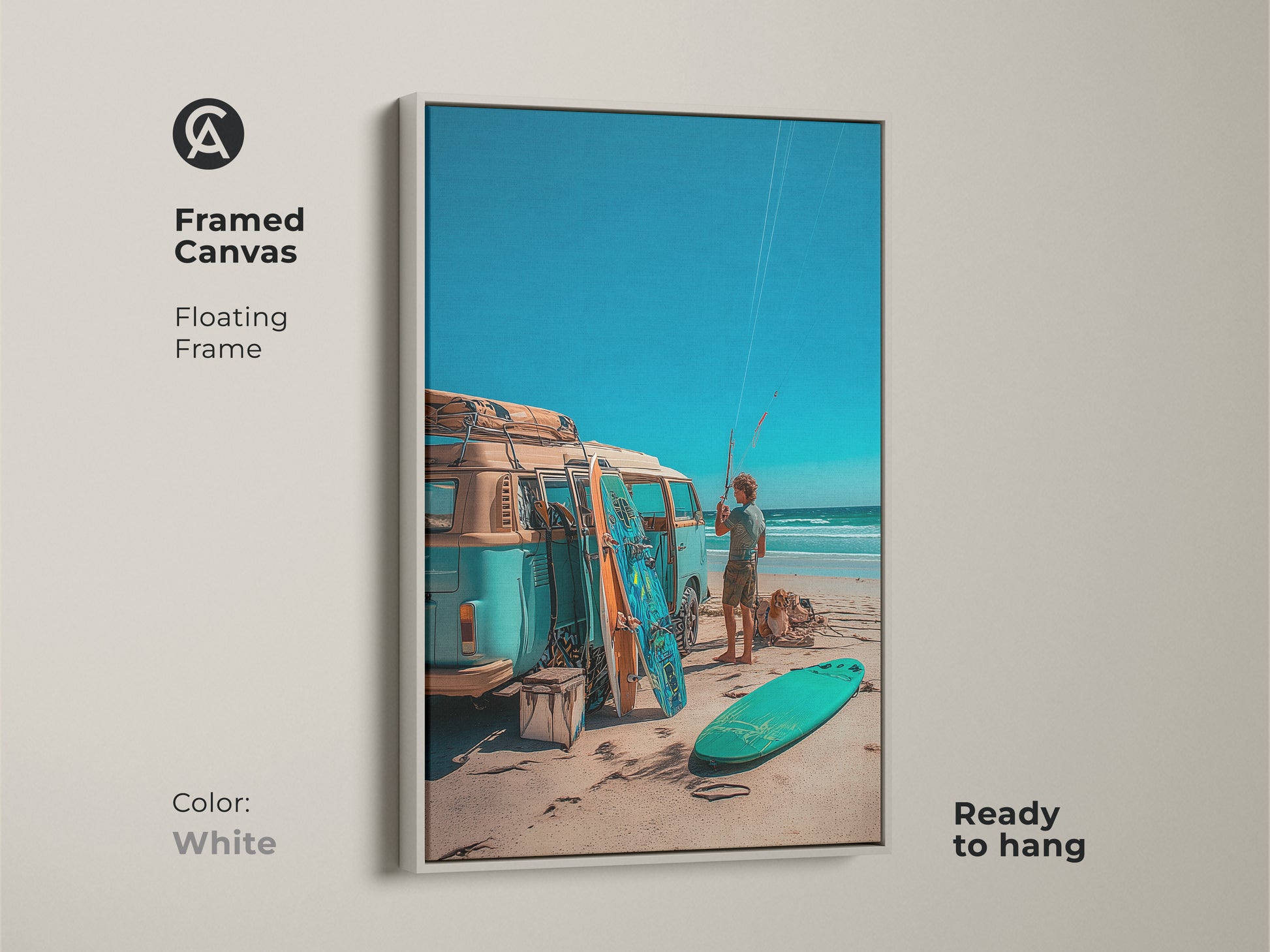 Framed canvas artwork with a white floating frame. The artwork is ready to hang and showcases a VW bus with surfboards at the beach. The art brings a touch of coastal style to any space.