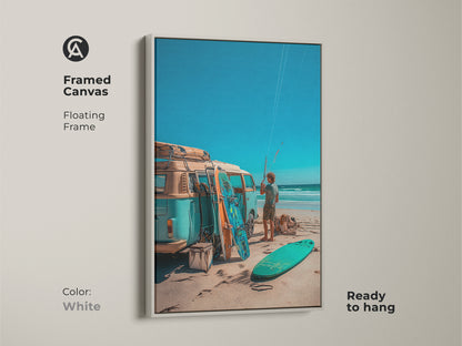 Framed canvas artwork with a white floating frame. The artwork is ready to hang and showcases a VW bus with surfboards at the beach. The art brings a touch of coastal style to any space.