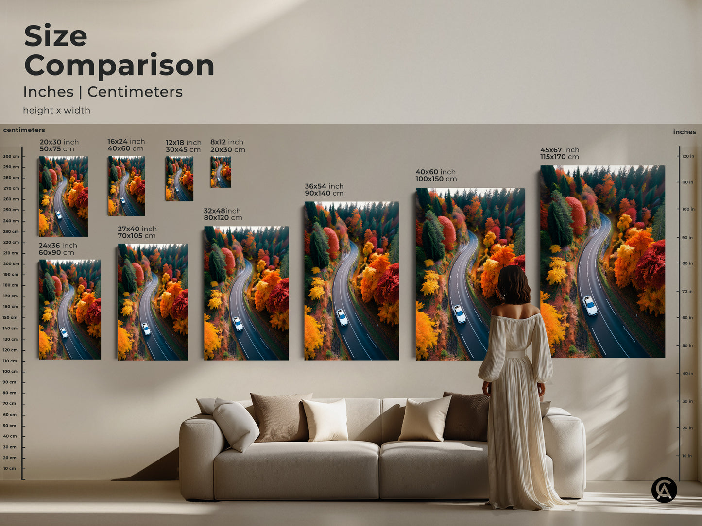 Compare sizes of our autumn road trip landscape prints in inches and centimeters. Visualize the impact of this vibrant forest artwork in your space. Sizes range from small to large ideal above sofas or in entry halls.