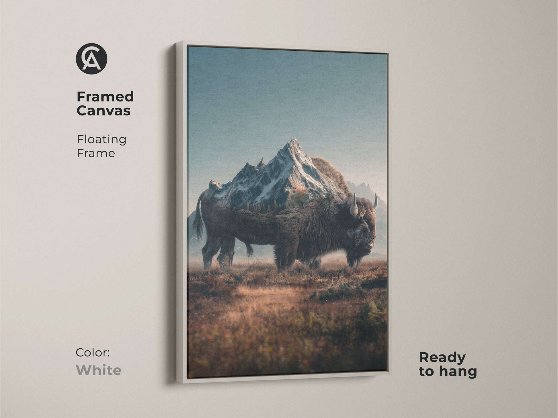 Framed canvas artwork displays a bison and mountain scene. The white floating frame offers a clean modern look. Ready to hang this art brings nature indoors. The bison artwork is both striking and serene.