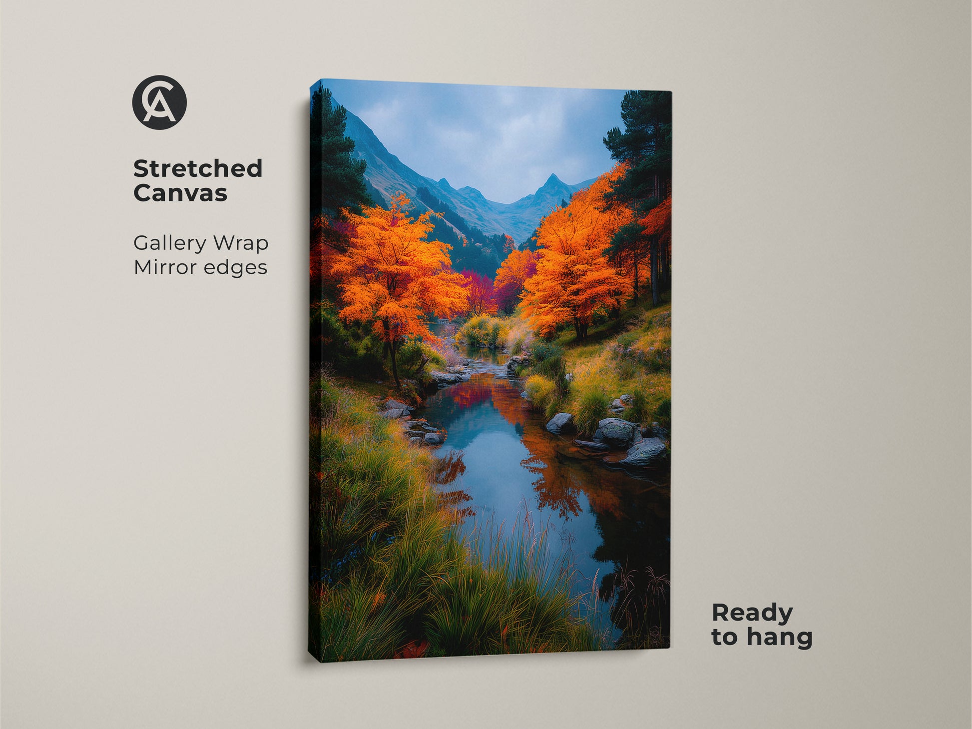 Stretched canvas art featuring a river scene with vibrant fall colors. The gallery wrap and mirror edges give it a modern seamless look. This ready-to-hang nature artwork enhances your home decor. It brings the tranquility of the outdoors inside.