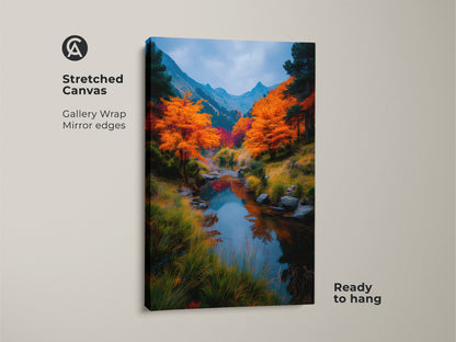 Stretched canvas art featuring a river scene with vibrant fall colors. The gallery wrap and mirror edges give it a modern seamless look. This ready-to-hang nature artwork enhances your home decor. It brings the tranquility of the outdoors inside.