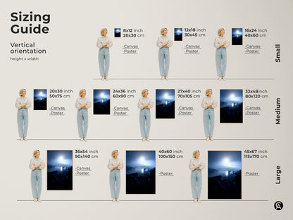 Sizing guide for vertical rainy harbor canvas and poster art. Available sizes include 8x12 12x18 16x24 20x30 24x36 27x40 32x48 36x54 40x60 and 45x67 inches. Find the perfect fit for your space. This coastal cityscape print enhances any room. Choose the ideal size for your wall decor needs.