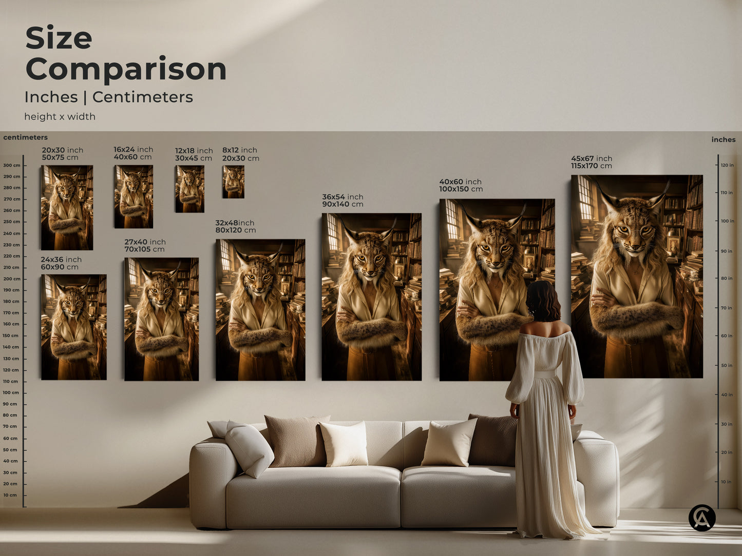Size comparison of lynx prints from 16x20 to 45x67 inches as poster or canvas. Perfect bookworm gift for literary decor. See how this artwork fits your home office or library wall. Gold and tan earth tones.