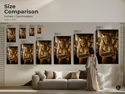 Size comparison of lynx prints from 16x20 to 45x67 inches as poster or canvas. Perfect bookworm gift for literary decor. See how this artwork fits your home office or library wall. Gold and tan earth tones.