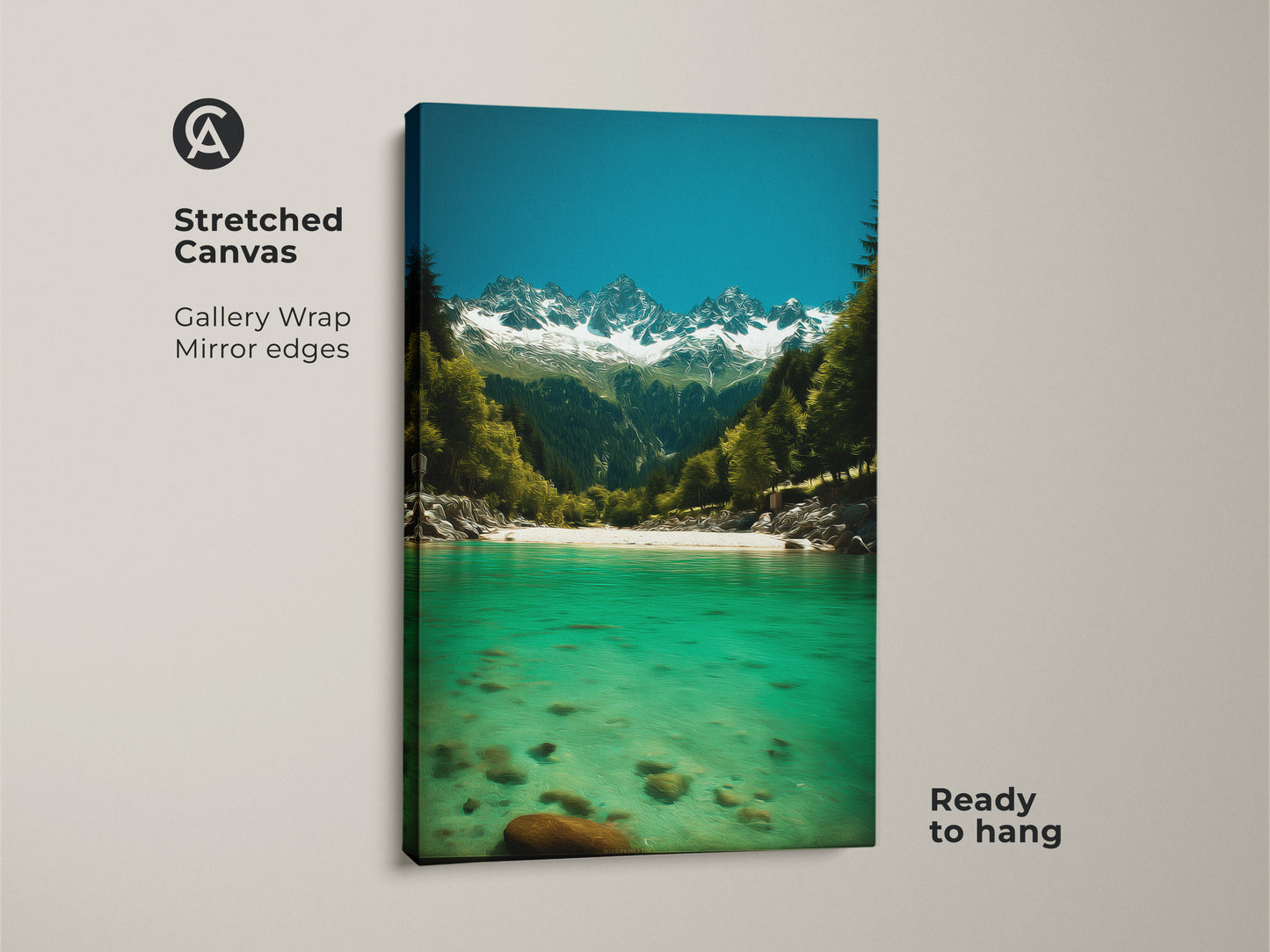Gallery wrapped stretched canvas print featuring an emerald river. Snowy mountain wall art with deep blue sky adds natural splendor. Ready to hang nature landscape artwork complements modern home decor. Ideal for outdoor enthusiasts.