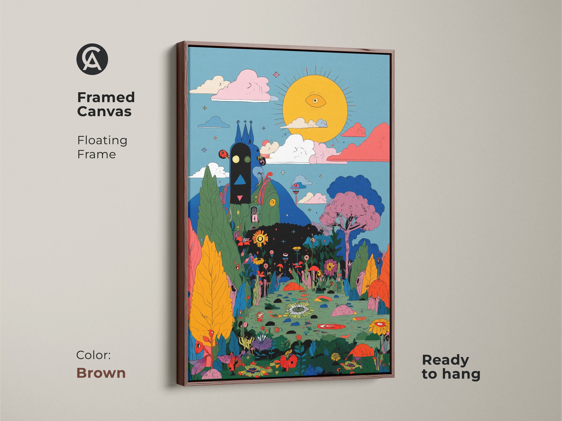 Framed Canvas in Brown floating frame featuring the Eye See You art. The illustration shows a sun with an eye watching over a colorful landscape. This framed canvas is ready to hang. Decorate your walls today.
